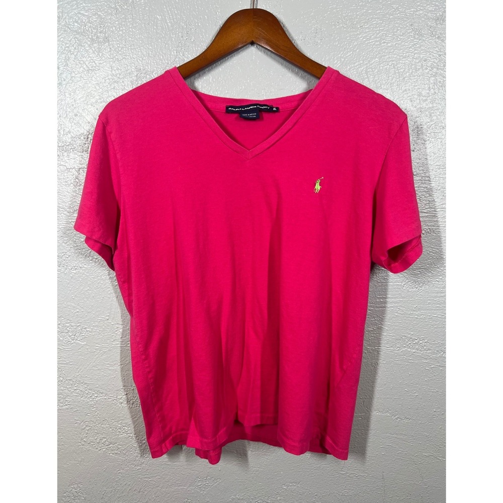 Ralph Lauren Sport Womens XL Pink V-Neck Cotton T-Shirt Green Pony Logo